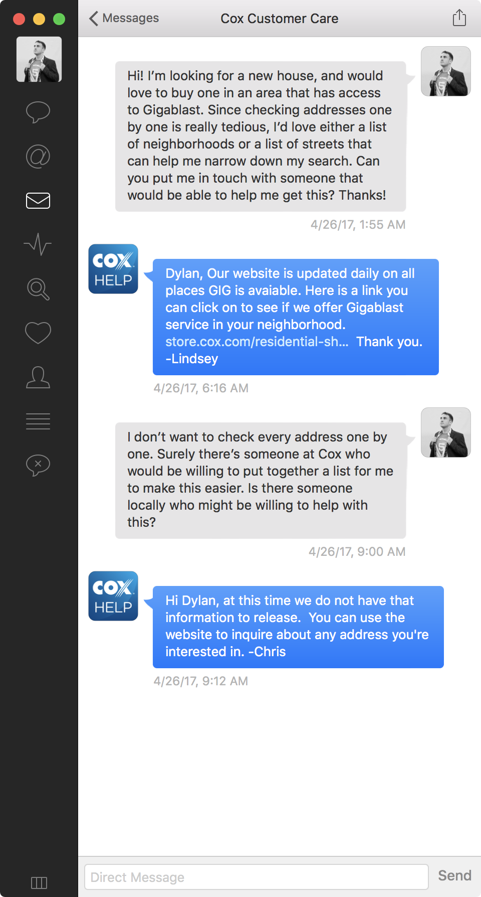 Cox's entirely unhelpful response when asked for a list of addresses that have gigabit internet.