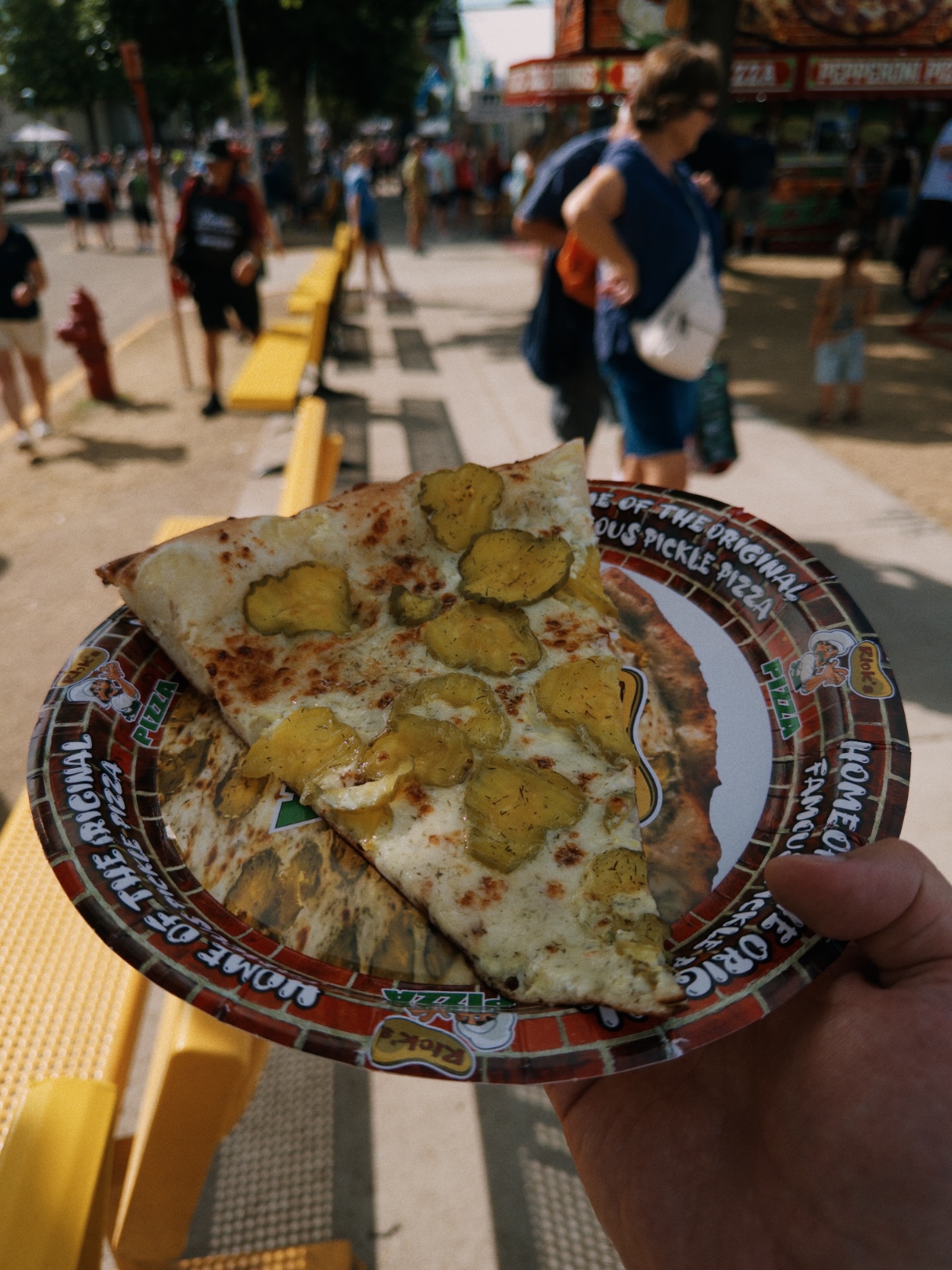 A slice of pizza covered with melted cheese and pickle chips