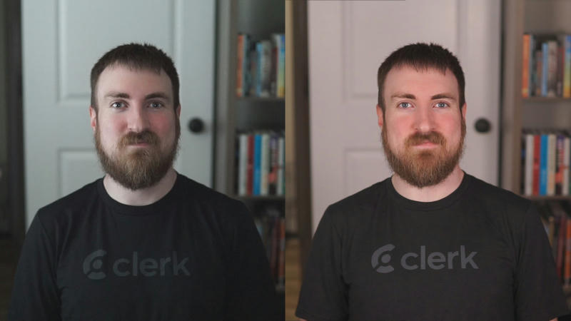 Side by side comparison photo of me. The left is darker, with half of my face in shadow. The right is brighter and more colorful, especially in the background. I am wearing a black t-shirt with the Clerk wordmark.