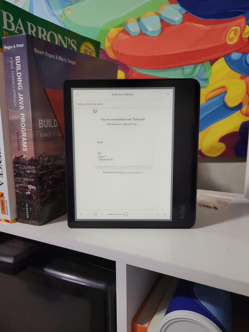 Kobo Sage displaying a webpage with the heading You're connected over Tailscale